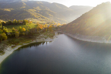 Aerial view of Lake Turano in Rieti, Castel di tora, colle di tora and Ascrea lakeside villages