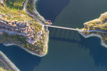 Aerial view of Lake Turano in Rieti, Castel di tora, colle di tora and Ascrea lakeside villages
