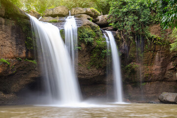 Fototapeta na wymiar Haew Suwat waterfall in forest at Khao Yai National Park, Thailand