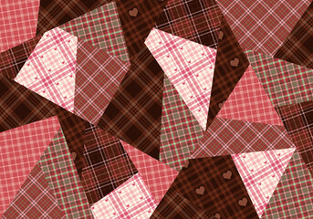 バレンタイン色のタータンチェックのパッチワーク背景　クレイジーキルト