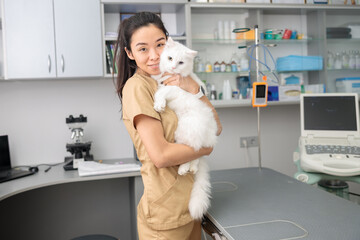confident asian doctor hugs a cat in modern veterinary clinic