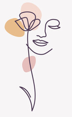 One line drawing. Abstract beautiful girl with flower. Female beauty icon. Vector illustration