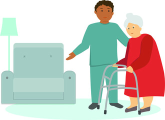 
 medical assistant taking care of a sick elderly woman. Helps her to walk on a walker. Vector graphics