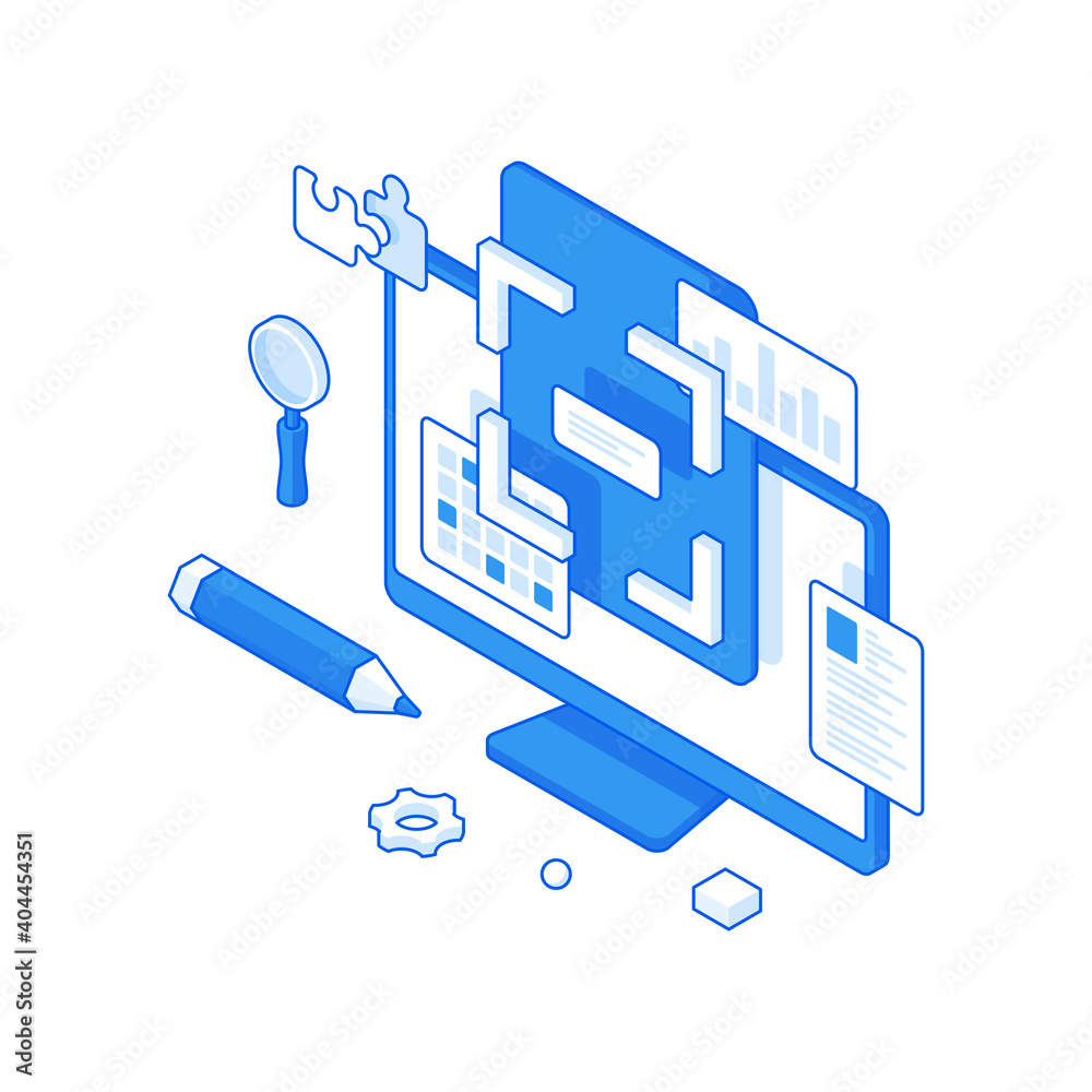 Poster flat design of computer monitor with recognition app