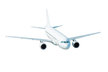 Flying white passenger airplane isolated on white background