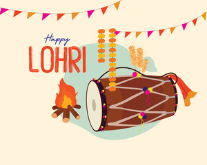 Happy Lohri text with dhole, fire, and flower vector design template for Indian festive banner. 