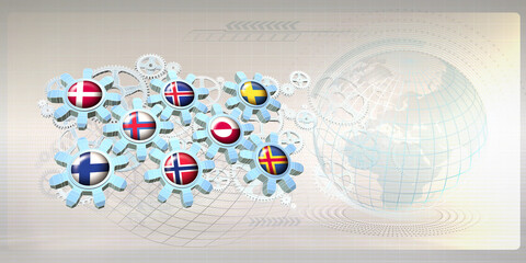 Abstract concept image with flags of the Nordic Council countries and territories on gear wheels working together within the mechanism of cooperation between the member states. 3D illustration