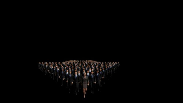 Businessmen with a businesswoman in front forming arrow shape pointing right, Luma Matte