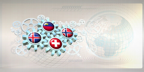 Abstract concept image with flags of EFTA (European FTA) partner nations on gear wheels working together within the mechanism of cooperation between the member states. 3D illustration