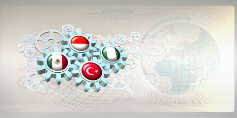 Abstract concept with flags of MINT partner nations  (Mexico, Indonesia, Nigeria, Turkey) on gear wheels working together within the mechanism of cooperation between the member states. 3D illustration