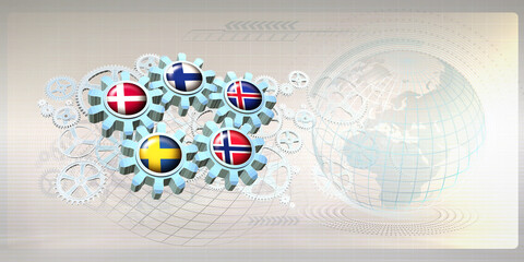 Abstract concept image with flags of Denmark, Finland, Iceland,Sweden and Norway countries on gear wheels working together within a mechanism of cooperation between the Nordic nations. 3D illustration