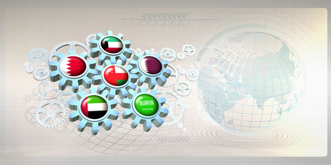 Abstract concept image with flags of the Gulf Cooperation Council (GCC) partner nations on gear wheels working together within the mechanism of collaboration between the member states.3D illustration 