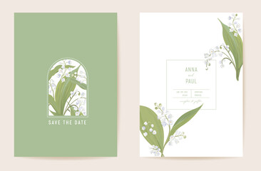 Wedding lily floral Save the Date set. Vector spring flowers, leaves boho invitation card. Watercolor template