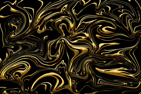 Abstract background illustration of liquid gold glitter paint swirls on black background