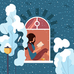 Fototapeta na wymiar Young woman relaxing at home sitting on the windowsill reading a book. The girl is resting in a cozy house, and outside the window is winter. Vector illustration.