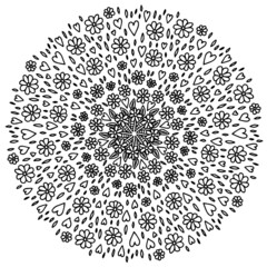 mandala valentine heart flower lush daisy leaves branches flowering spring summer lined love  doodle coloring book page black and white background