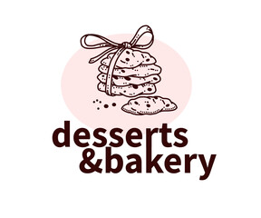 Desserts and bakery logo design with hand drawn cookies illustration. Vector doodle style. For cafe brand emblem.