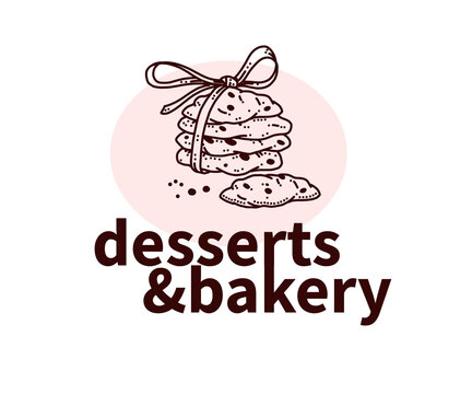 Desserts and bakery logo design with hand drawn cookies illustration. Vector doodle style. For cafe brand emblem.