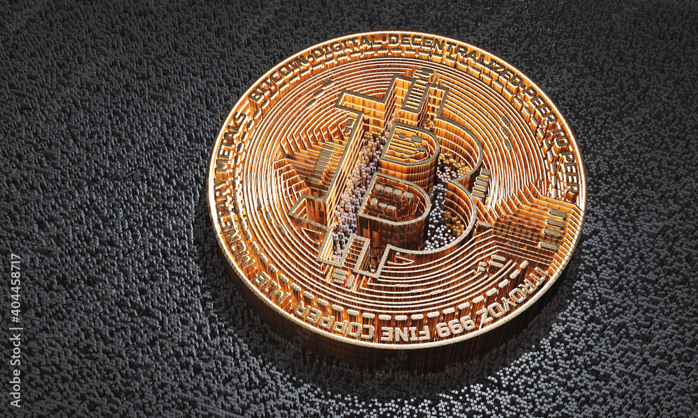 Poster 3d rendering of glowing bit coin created from abstract metal block shapes. concept of crypto currenc