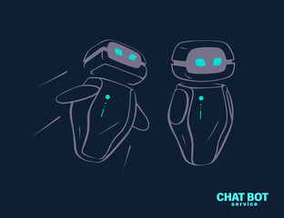 Two chat bot flying on black background. Virtual support and communication concept. Vector flat illustration.