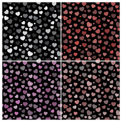 Heart background set for Valentines day. Pretty pastel seamless pattern collection with heart shapes on black background. Vector backdrop for different love occasions like wedding or anniversary.