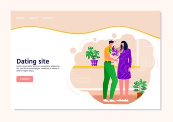 Fototapeta premium Landing page for dating site with men giving flowers to women , couple spending time together. Happy people relaxing. Boy and girl talking . Vector illustration of romantic relationship