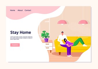 Landing page  with happy family relaxing on couch, listen to music. Man and woman spending time together. Husband and wife on comfy sofa enjoying home entertainment. Vector flat interior illustration