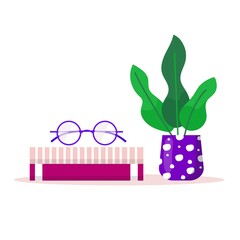 Bookshelves with favorite books, office plant, vase and glasses. Shelf book in room library, reading book for home with workplace for education. Vector modern flat interior illustration
