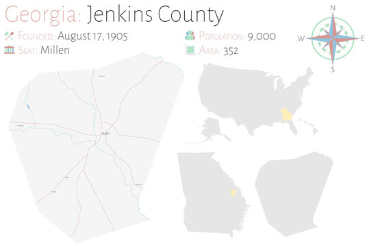 Large And Detailed Map Of Jenkins County In Georgia, USA.