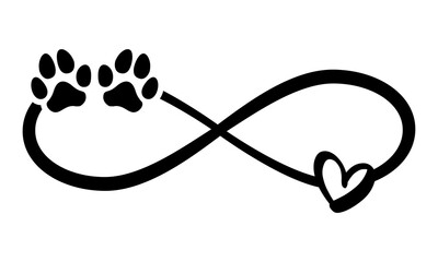 Dog or cat paw prints and heart - in infinity shape - lovely tattoo, ink. Lovely heart with paw print and heart inside infinity symbol. Modern design for pet lovers. - obrazy, fototapety, plakaty