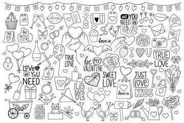 A large set of objects in doodle style on the theme of Valentine's Day. A collection of simple contour design elements drawn by hand and isolated on a white background. Black white vector illustration