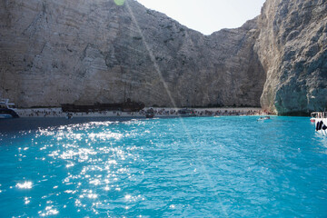 Navagio beach, Shipwreck Bay in  Zakynthos, Greece, view from the yacht