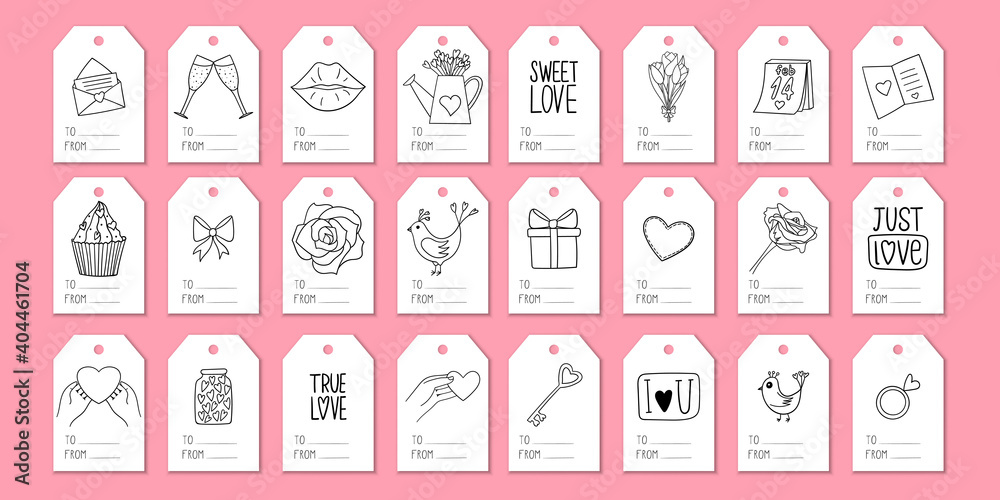Wall mural A set of tags for gift wrapping with elements on the theme of Valentine's Day. Doodle-style illustrations are hand-drawn. Black and white vector illustration, isolated on a white background. - Wall murals