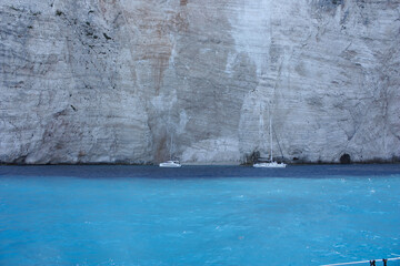 Navagio beach, Shipwreck Bay in  Zakynthos, Greece, view from the yacht