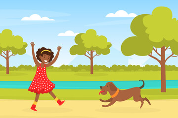 Obraz na płótnie Canvas Happy African American Girl Playing with her Dog in Urban Park, Kid Having Fun with Pet Animal on Summer Landscape Cartoon Vector Illustration