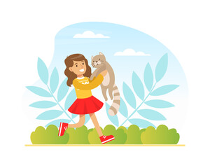 Obraz na płótnie Canvas Happy Girl Playing with her Cat Outdoors, Cute Kid Having Fun with Pet Animal on Summer Landscape Cartoon Vector Illustration