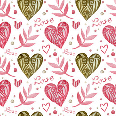 Obraz na płótnie Canvas Seamless watercolor pattern on a white background in pink colors for Valentine's Day, Wedding.