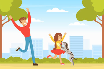 Father and Happy Girl Walking with Dog Outdoors in Park, Kid Having Fun with Pet Animal on Summer Landscape Cartoon Vector Illustration