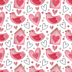 Seamless watercolor pattern on a white background in pink colors for Valentine's Day, Wedding.