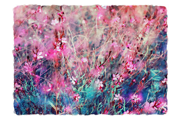 abstract watercolor style illustration of pink and red field flowers