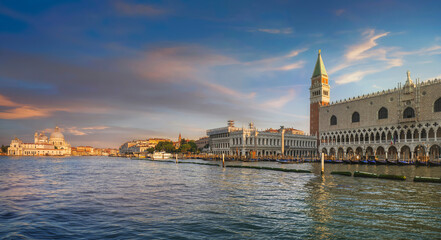 Venice landmark at dawn, Piazza San Marco with Campanile and Doge Palace. Italy