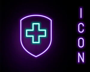 Glowing neon line Medical shield with cross icon isolated on black background. Protection, safety, password security. Colorful outline concept. Vector.