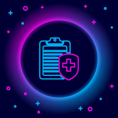 Glowing neon line Clipboard with medical insurance icon isolated on black background. Patient protection. Clipboard and shield with a cross. Colorful outline concept. Vector.