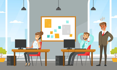 Business People Characters Working at Computers, Office Indoor Space Interior with Employees Flat Style Vector Illustration