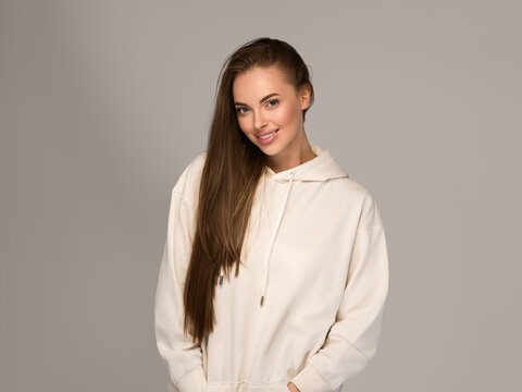 Beautiful Woman In Hoody Studio Portrait Happy Smile