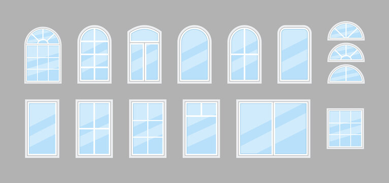 Glass window. Icon of windows with frame for house and office. Double window with arch for balcony. Hung glass for architecture or exterior. Plastic windowpane for building. Isolated icons. Vector