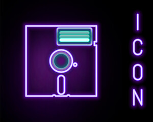 Glowing neon line Floppy disk in the 5.25-inch icon isolated on black background. Floppy disk for computer data storage. Diskette sign. Colorful outline concept. Vector.