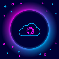 Glowing neon line Cloud sync refresh icon isolated on black background. Cloud and arrows. Colorful outline concept. Vector.