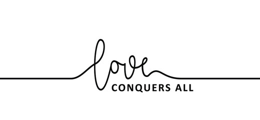 Slogan Love conquers all with heart. Inspirational and motivational quotes. Flat vector hearts sign. Happy valentines day on february 14 ( valentine, valentine’s day ) or romantic, wedding signs 