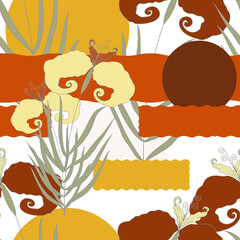 Seamless pattern of stylized irises on the background of abstract shapes.